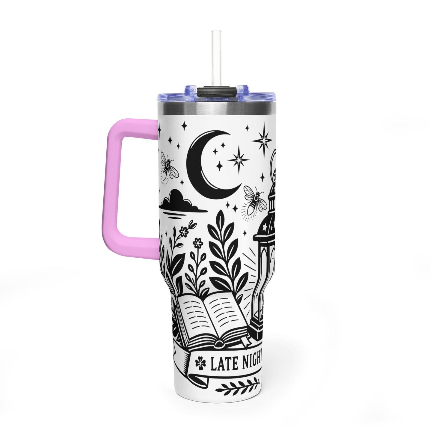 40oz Vacuum Tumbler — "Late Night Reading Club" Lantern & Moon Book Lover Travel Mug