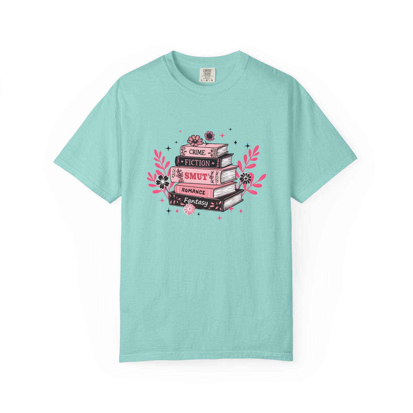 Book Stack Graphic T-Shirt — Cute Floral Reading Shirt (Crime, Fiction, Smut, Romance)