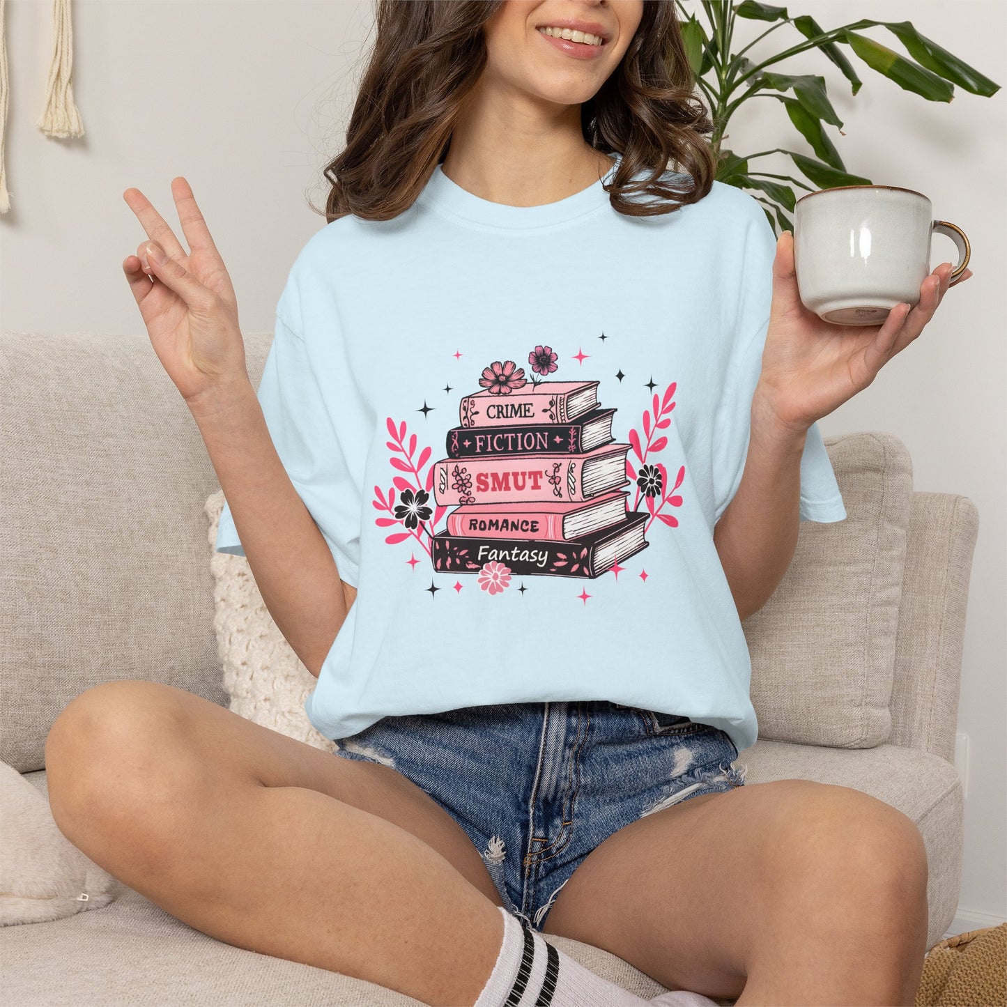 Book Stack Graphic T-Shirt — Cute Floral Reading Shirt (Crime, Fiction, Smut, Romance)