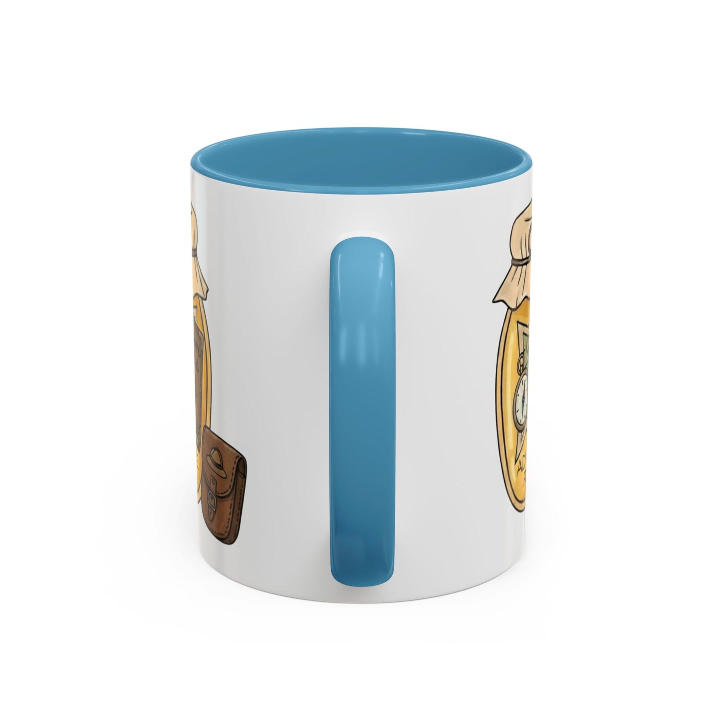 "Adventure Reader" Accent Coffee Mug — Bookish Travel Compass & Treasure Jam Jar Design