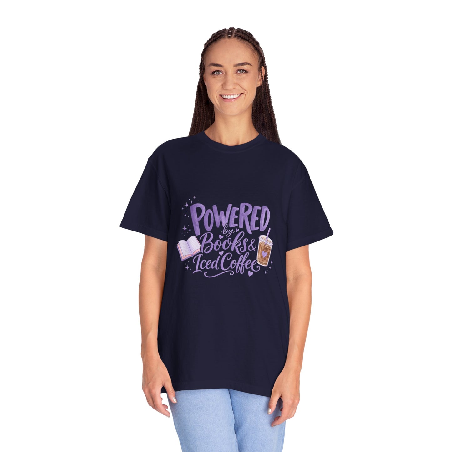 Book Lover T‑Shirt — "Powered by Books & Iced Coffee" Graphic Tee