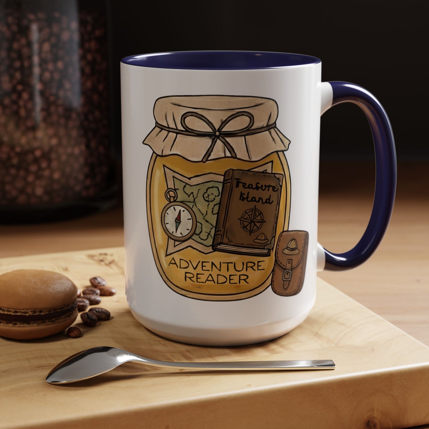 "Adventure Reader" Accent Coffee Mug — Bookish Travel Compass & Treasure Jam Jar Design