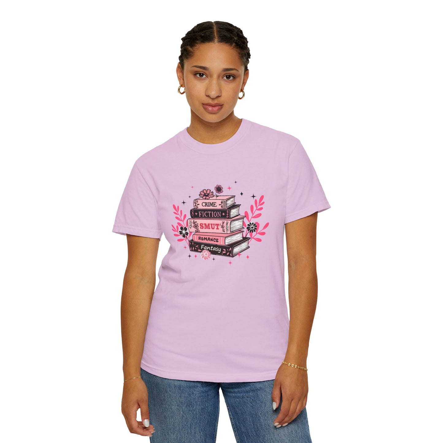 Book Stack Graphic T-Shirt — Cute Floral Reading Shirt (Crime, Fiction, Smut, Romance)