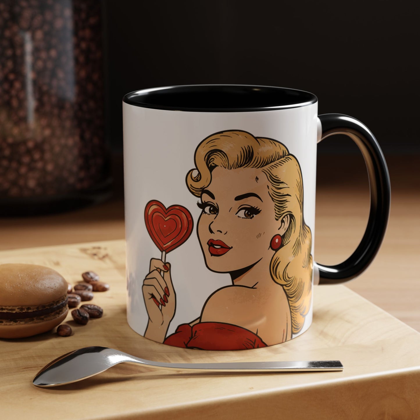 Retro Pin-Up Coffee Mug — Vintage Pop Art Woman with Heart Lollipop (11oz)
