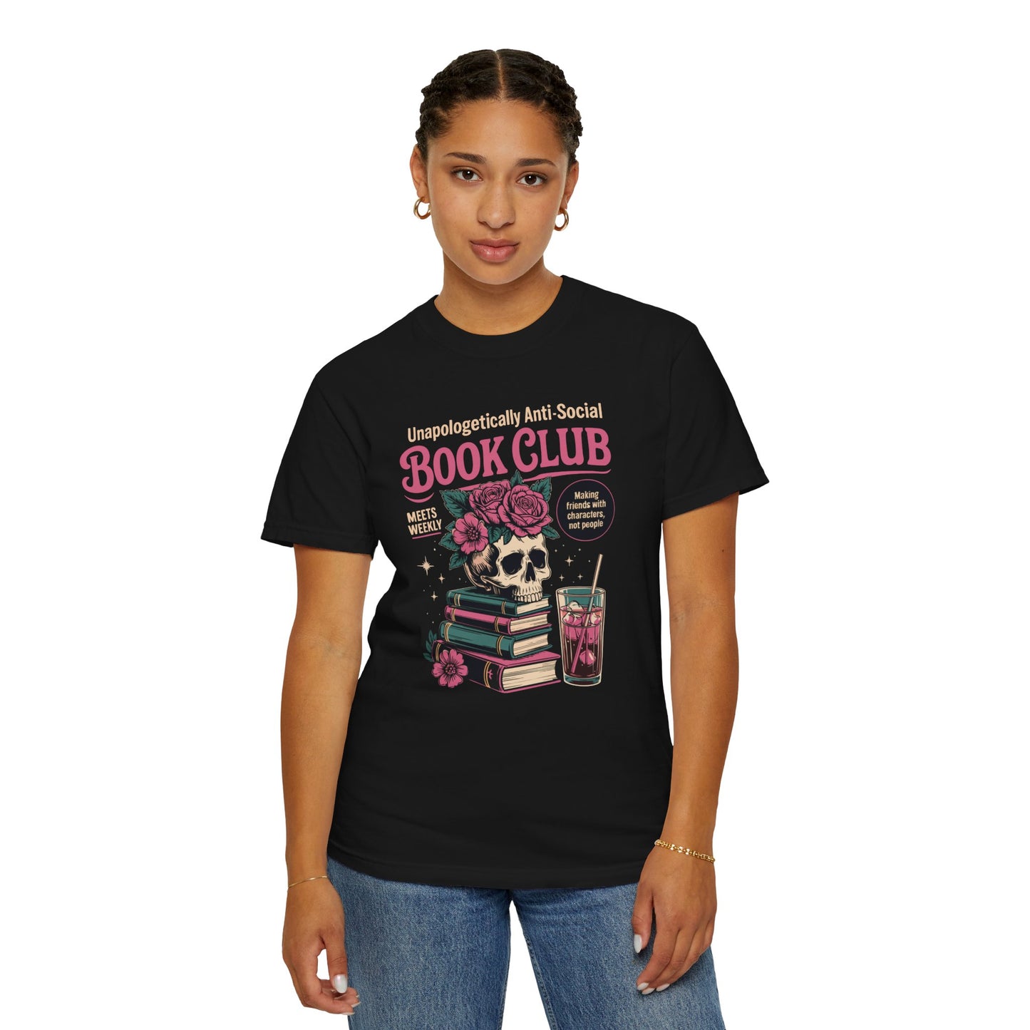 "Unapologetically Anti-Social Book Club" T-Shirt — Skull & Books Graphic Tee for Avid Readers