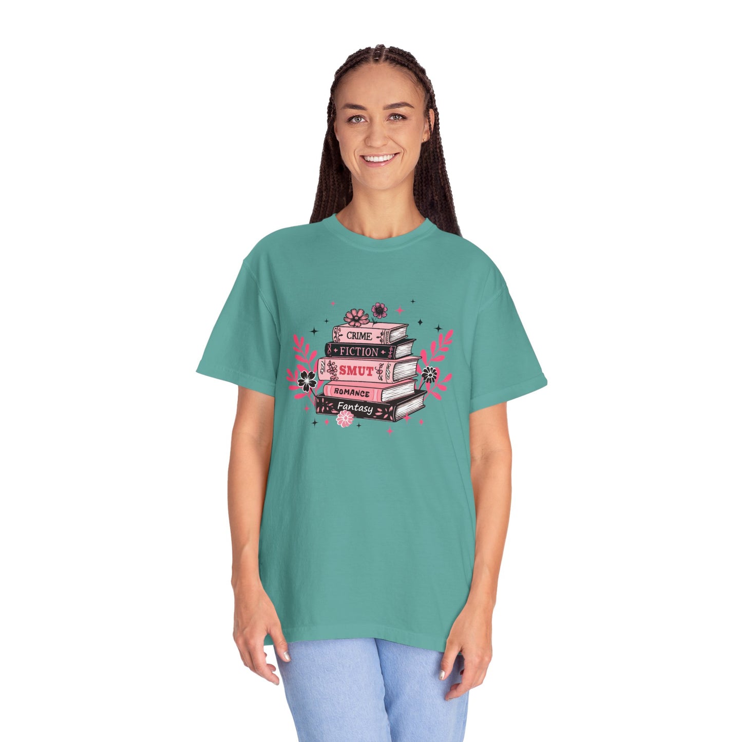 Book Stack Graphic T-Shirt — Cute Floral Reading Shirt (Crime, Fiction, Smut, Romance)
