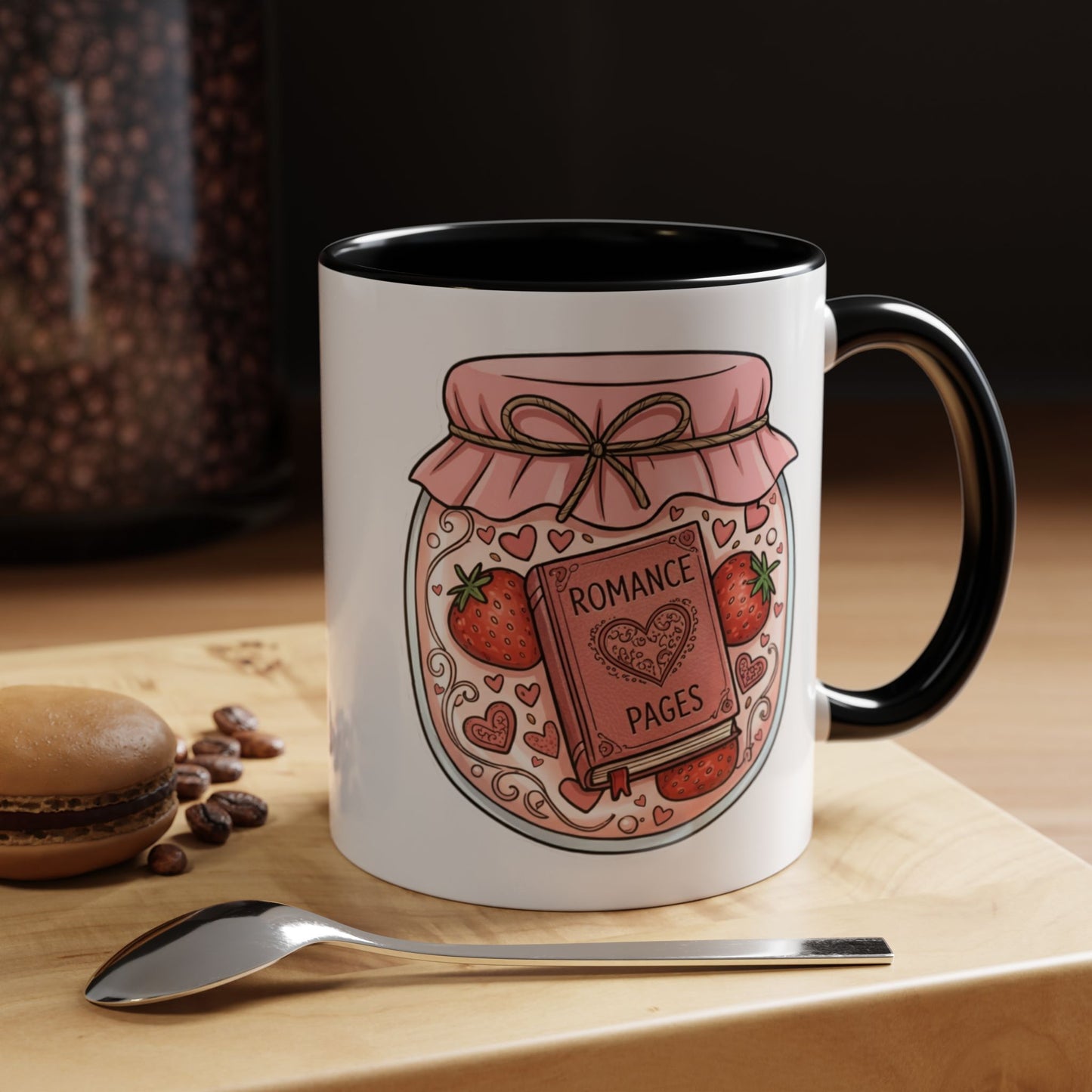 "Romance Pages" Jam Jar Coffee Mug — Cute Strawberry Jam Romance Readers Mug (11/15oz)