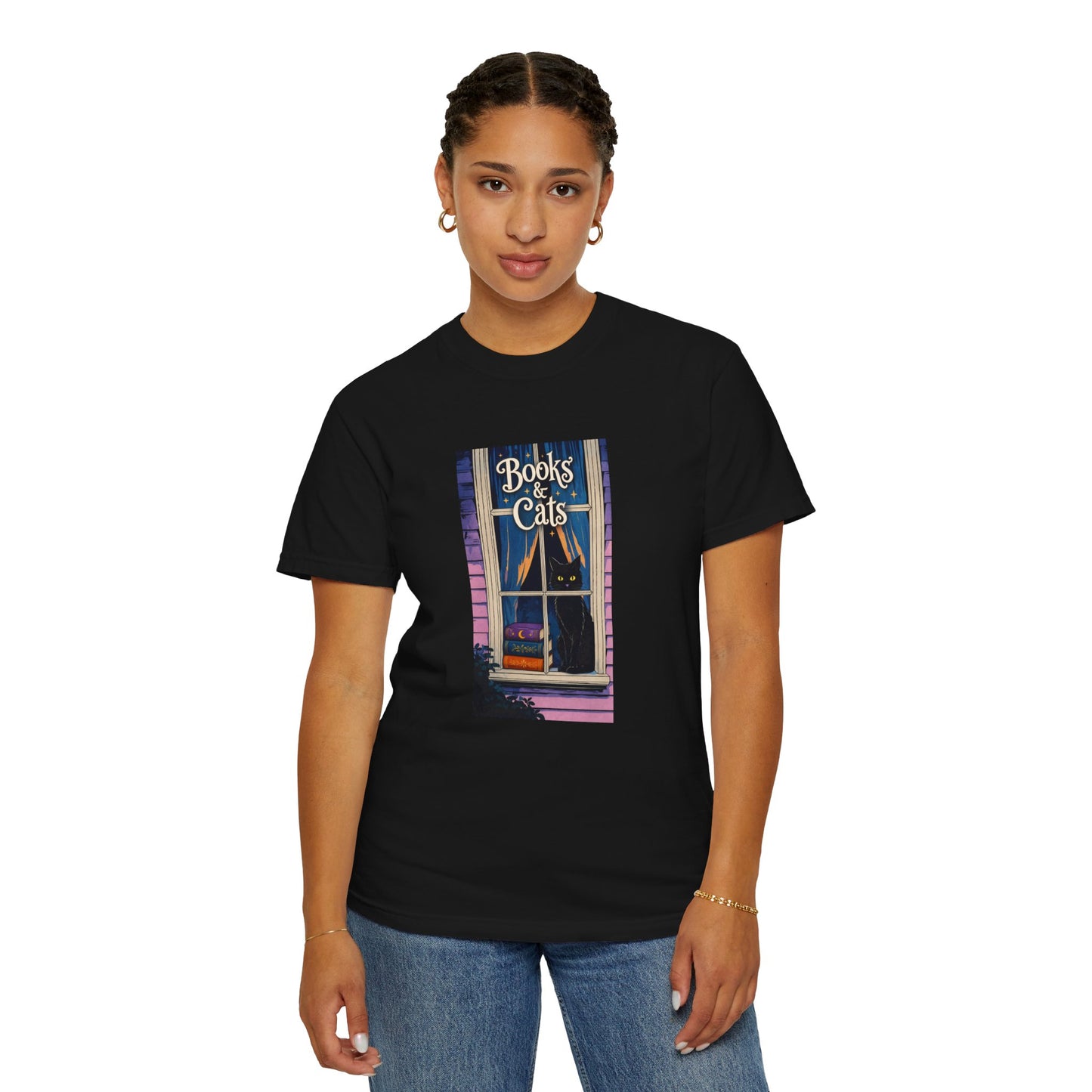 "Books & Cats" T-Shirt — Cozy Bookshop Window Graphic Tee