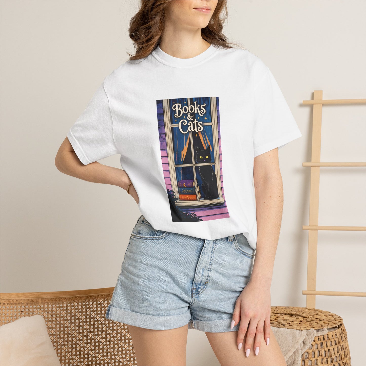 "Books & Cats" T-Shirt — Cozy Bookshop Window Graphic Tee