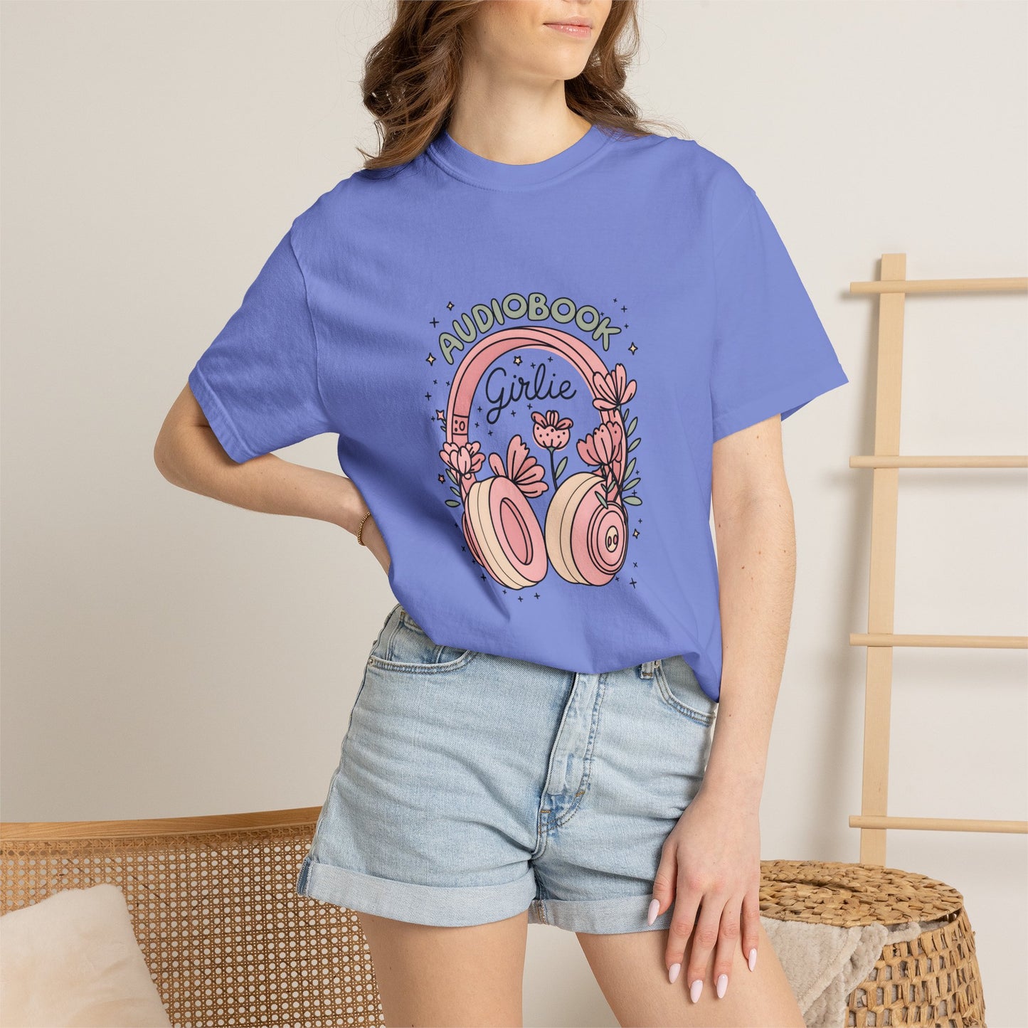 "Audiobook Girlie" T-Shirt — Floral Headphones Graphic Tee