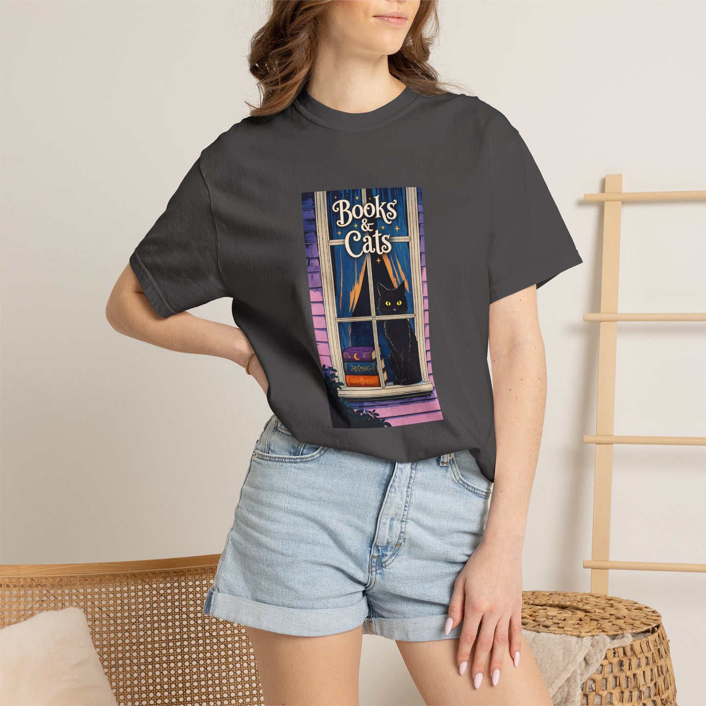 "Books & Cats" T-Shirt — Cozy Bookshop Window Graphic Tee