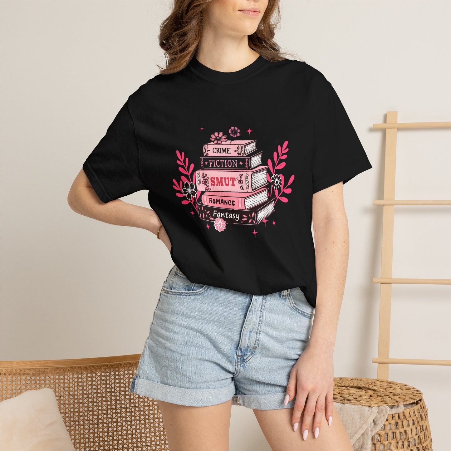 Book Stack Graphic T-Shirt — Cute Floral Reading Shirt (Crime, Fiction, Smut, Romance)