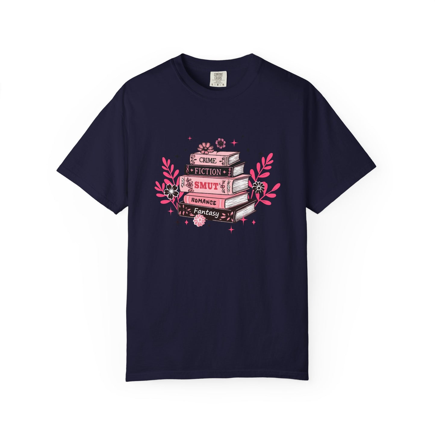 Book Stack Graphic T-Shirt — Cute Floral Reading Shirt (Crime, Fiction, Smut, Romance)