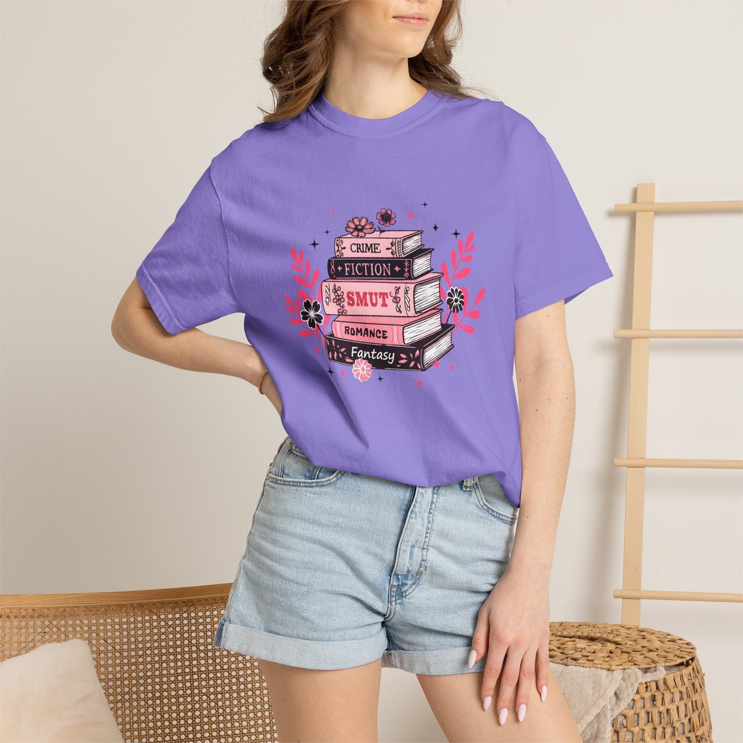 Book Stack Graphic T-Shirt — Cute Floral Reading Shirt (Crime, Fiction, Smut, Romance)
