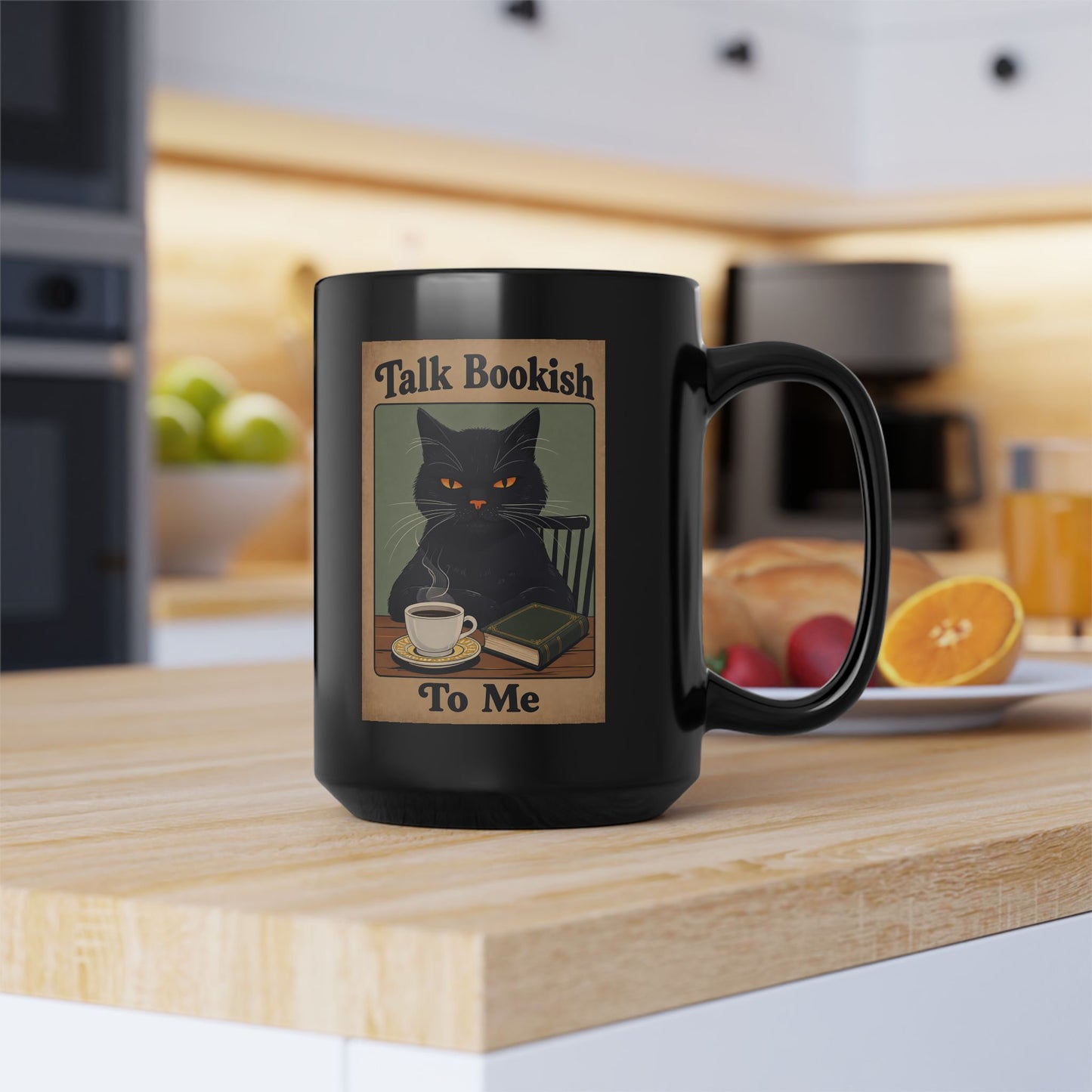 Bookish Cat Coffee Mug — “Talk Bookish To Me” Black Ceramic Mug