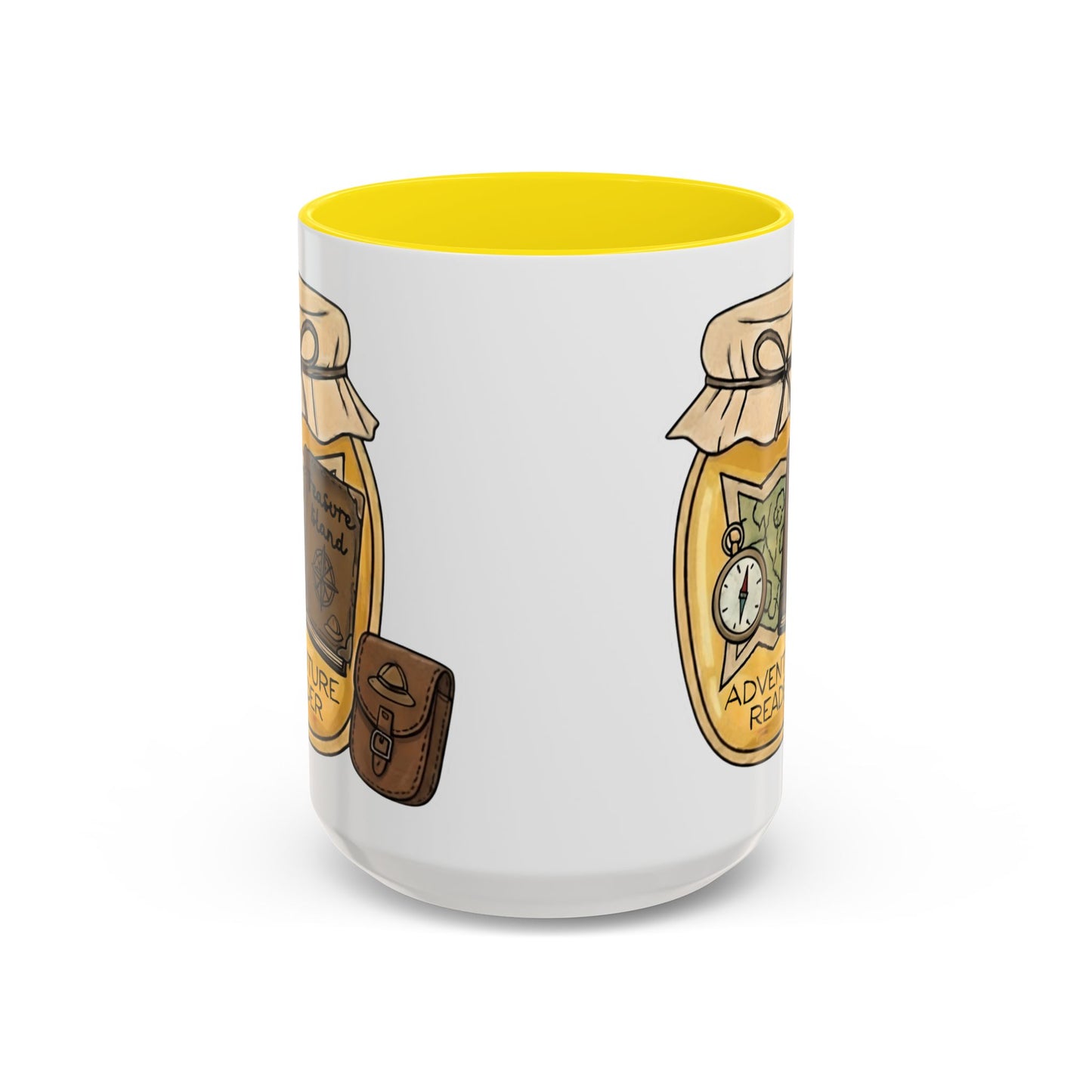"Adventure Reader" Accent Coffee Mug — Bookish Travel Compass & Treasure Jam Jar Design