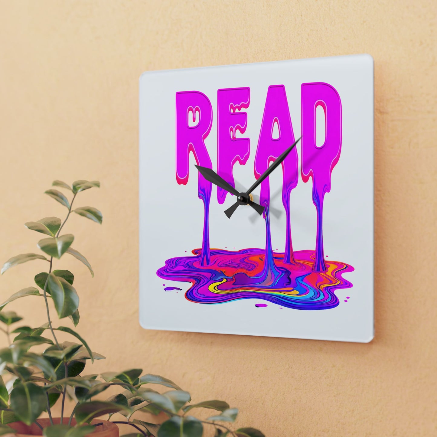 Acrylic Wall Clock — "READ" Drippy Neon Melt Art Clock for Book Lovers