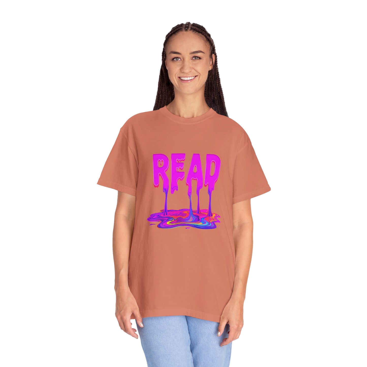 "READ" Dripping Graphic T-Shirt — Psychedelic Melting Book Design