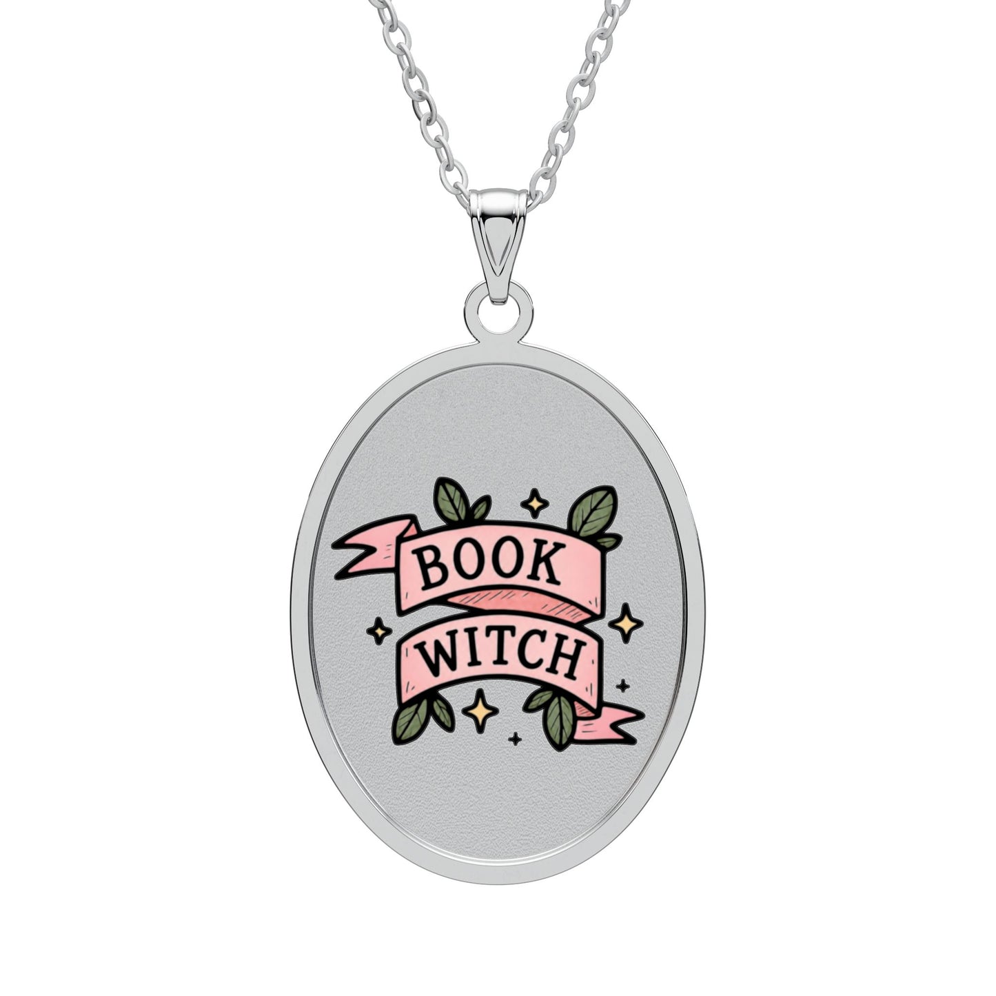 "Book Witch" Oval Pendant Necklace — Literary Witchcraft Charm
