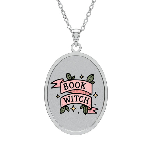 "Book Witch" Oval Pendant Necklace — Literary Witchcraft Charm