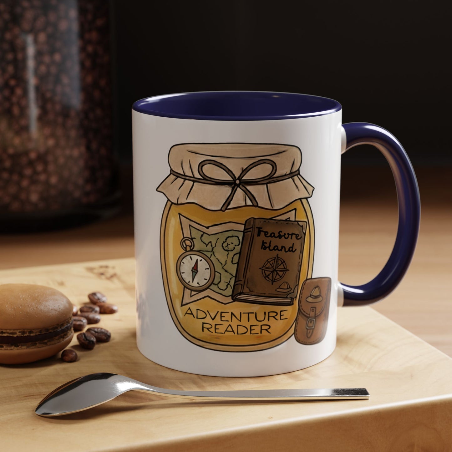 "Adventure Reader" Accent Coffee Mug — Bookish Travel Compass & Treasure Jam Jar Design