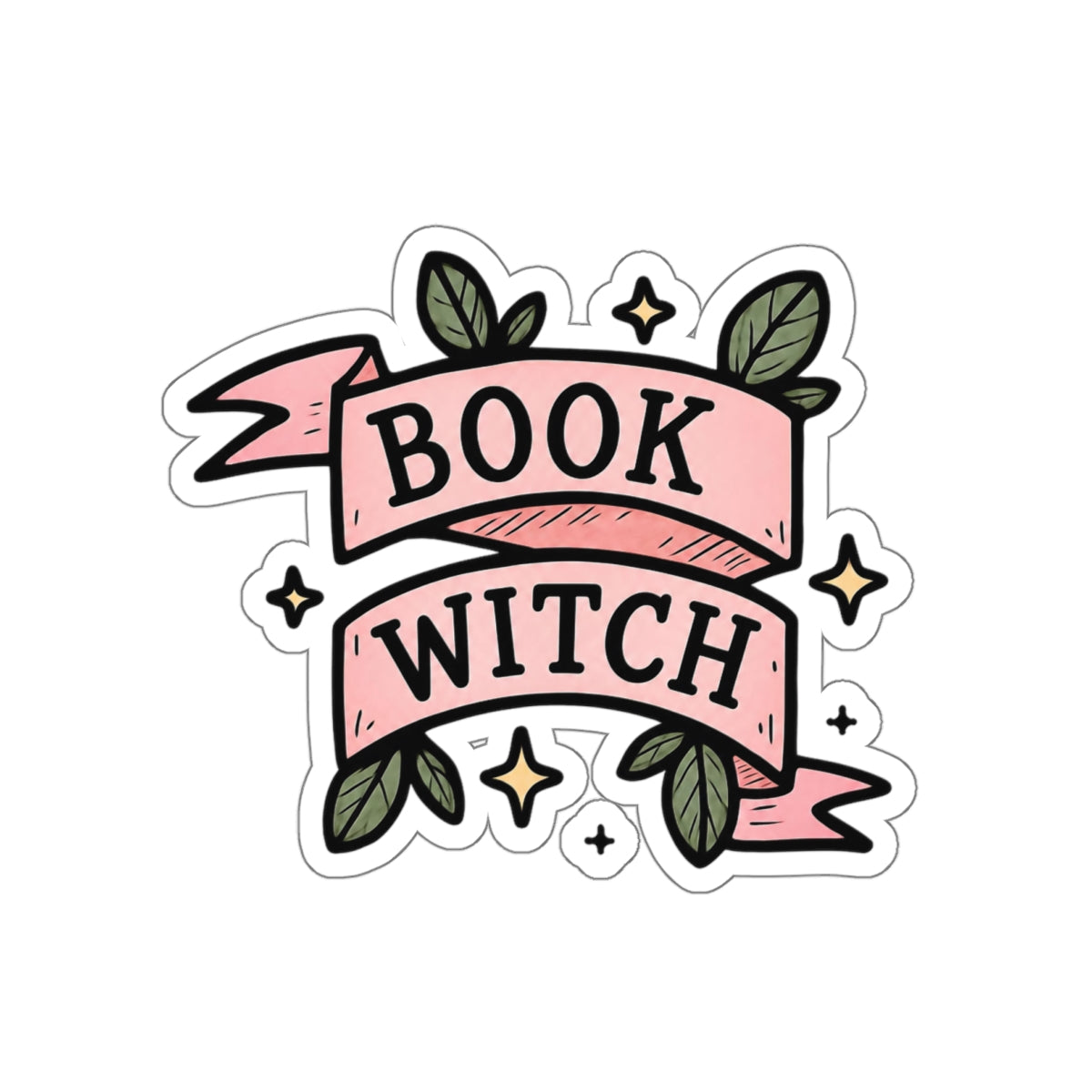 "Book Witch" Die-Cut Sticker — Cute Pink Banner, Floral Reading & Witchy Decal