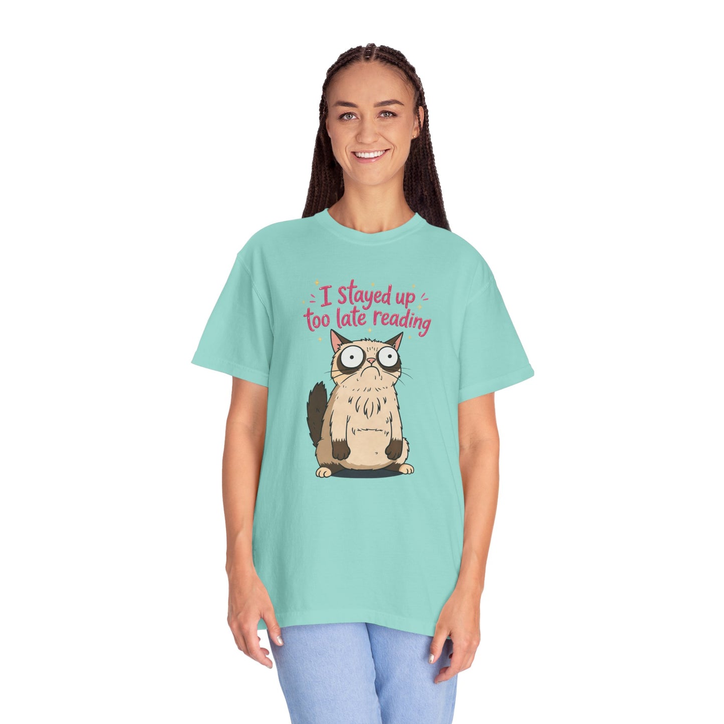 "I Stayed Up Too Late Reading" Cat T-Shirt — Cute Book Lover Graphic Tee