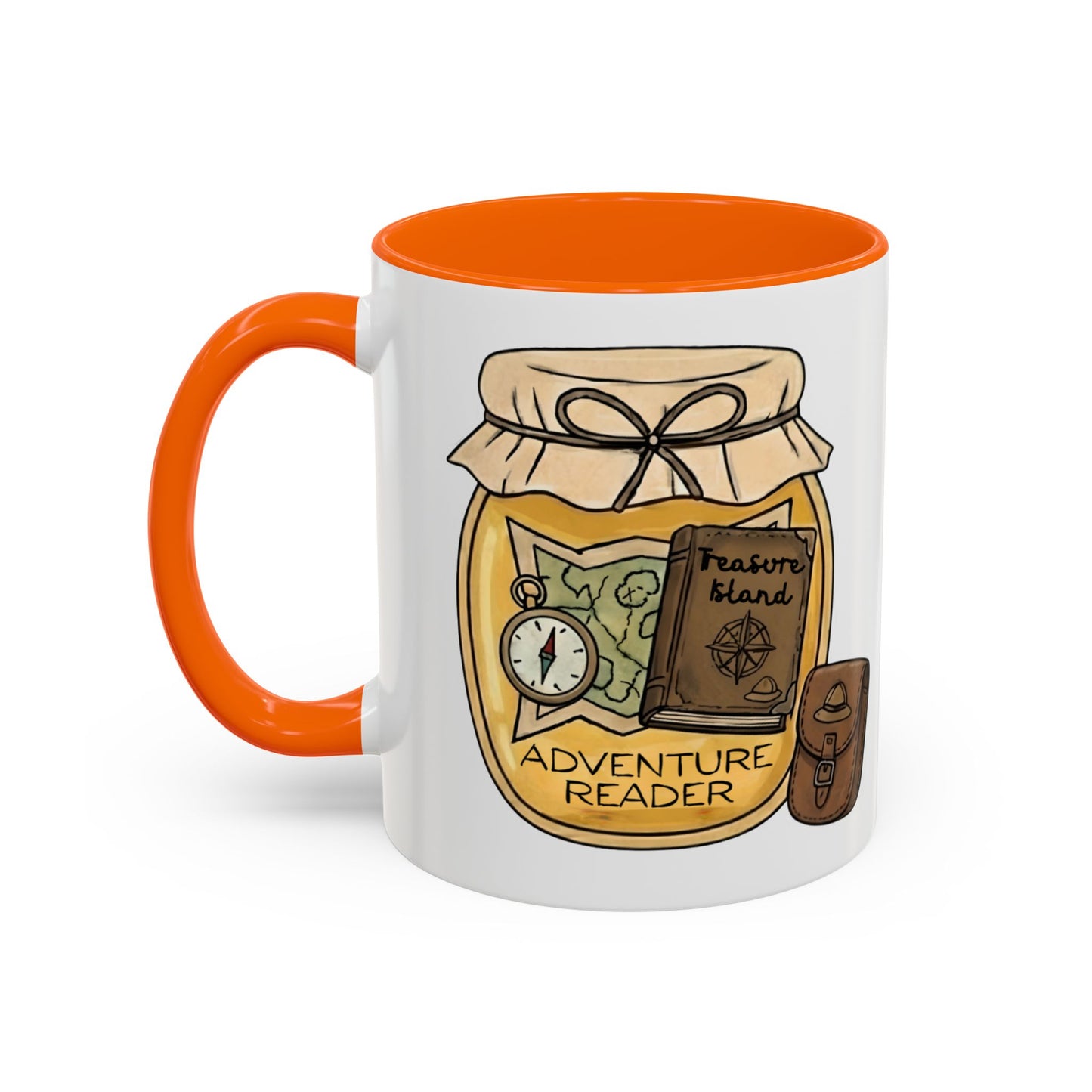 "Adventure Reader" Accent Coffee Mug — Bookish Travel Compass & Treasure Jam Jar Design