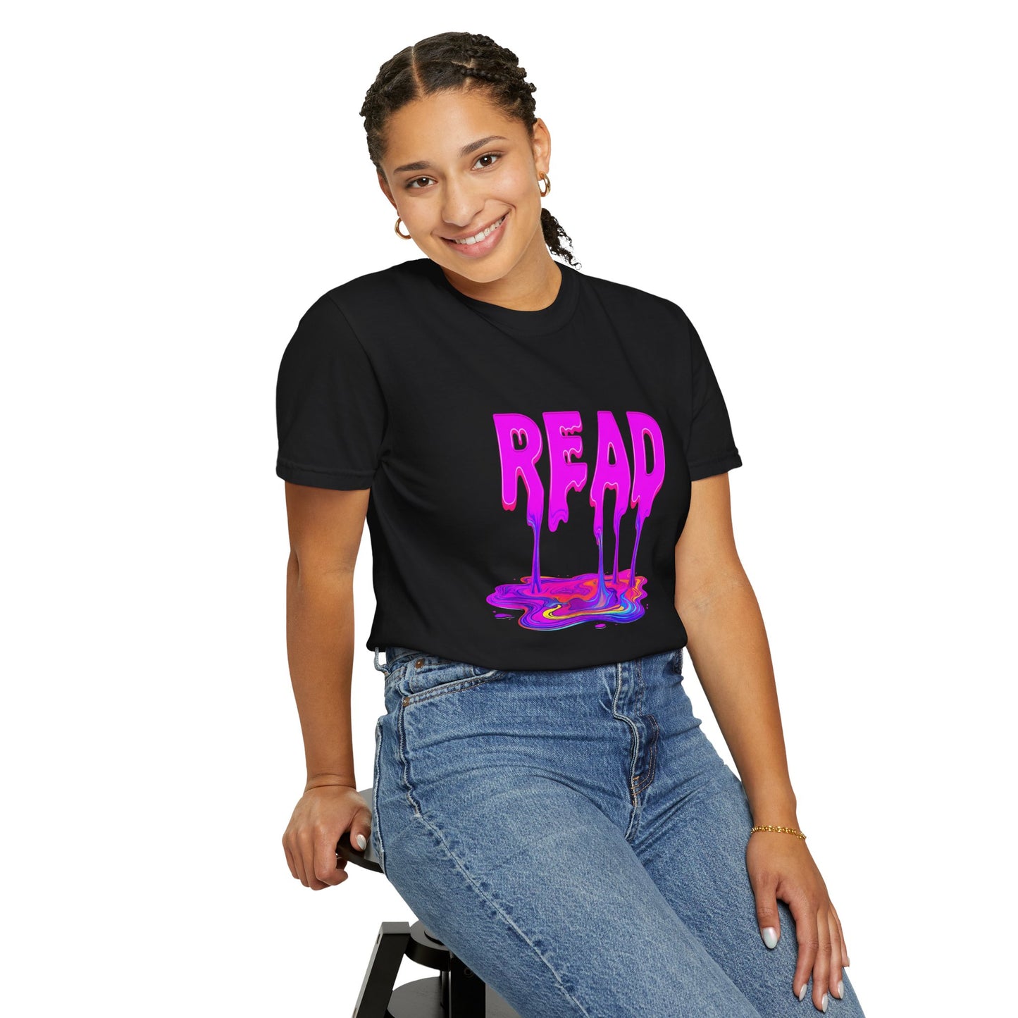 "READ" Dripping Graphic T-Shirt — Psychedelic Melting Book Design