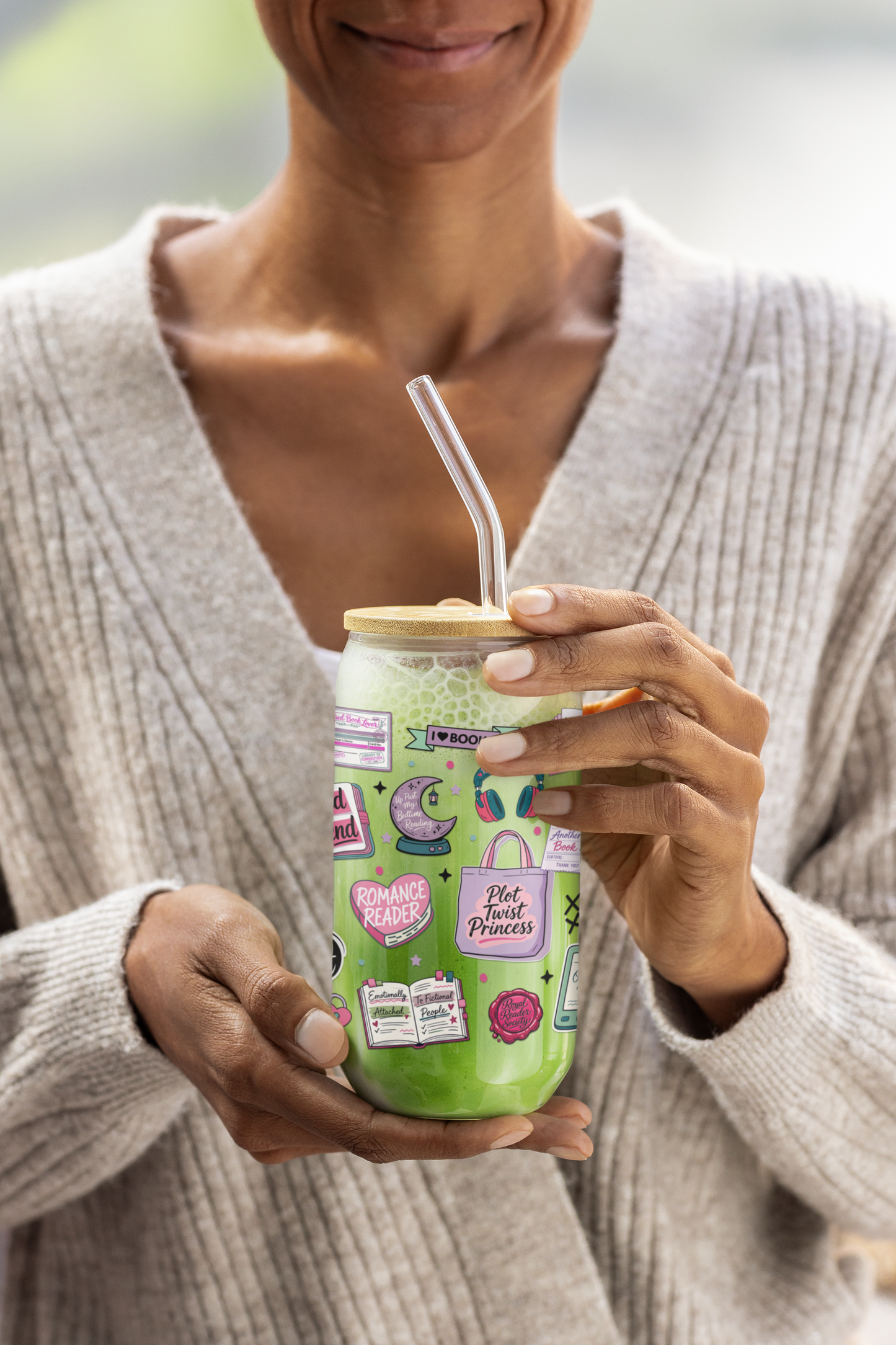 Romance Reader 16oz Sipper Glass with Retro Pink Sticker Collage