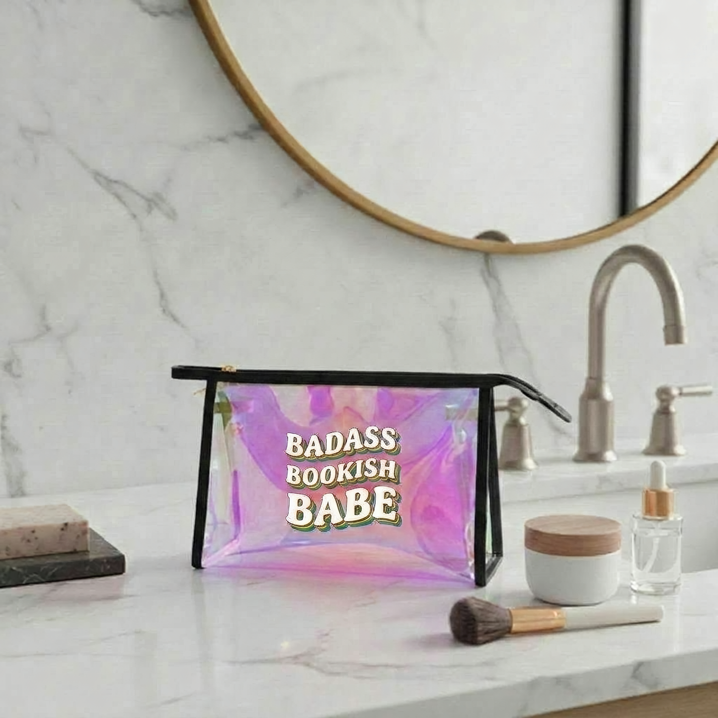 Holographic Makeup Bag — “Badass Bookish Babe” Cosmetic Pouch