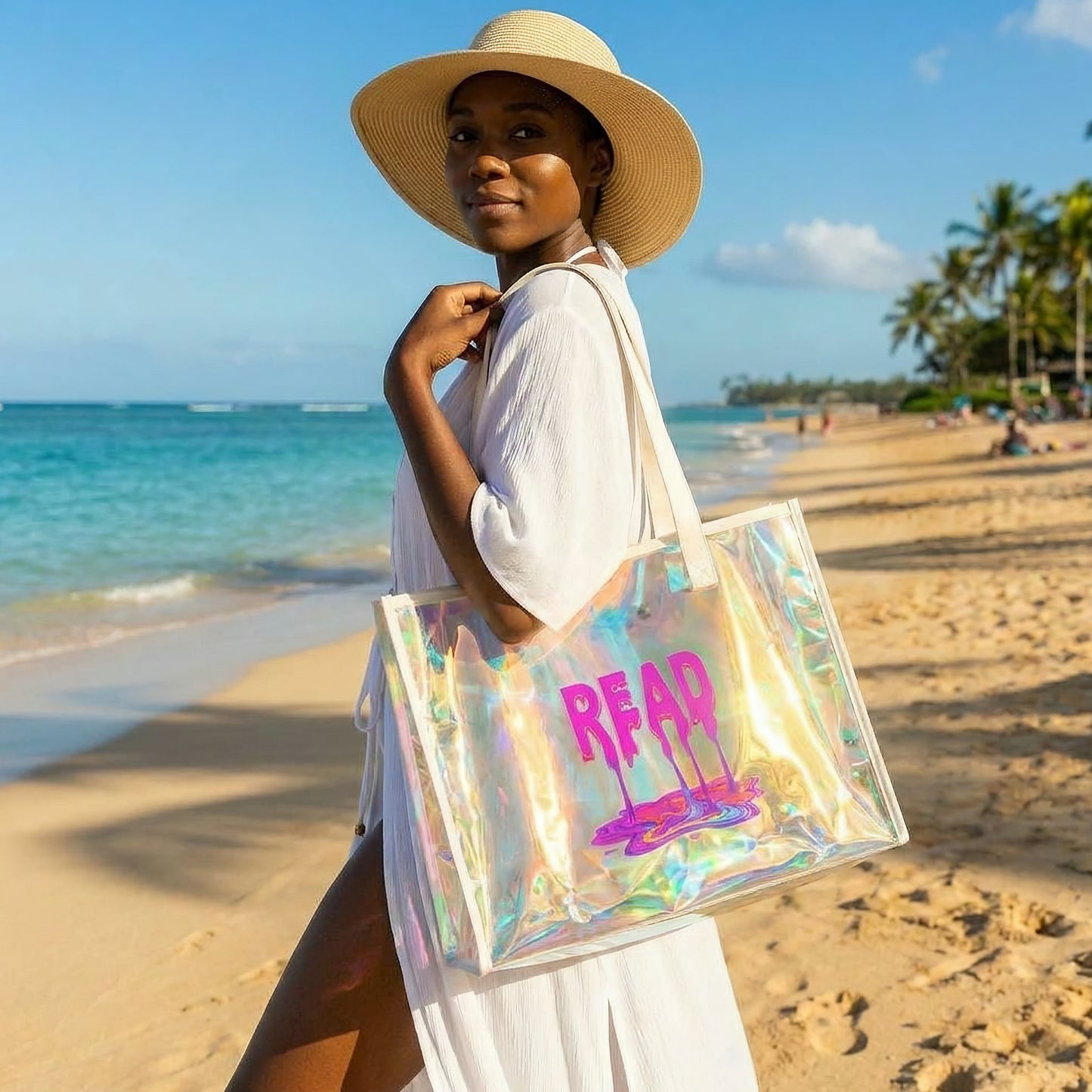 Holographic Bookish Beach Tote Bag — Iridescent 'READ' Clear Fashion Tote