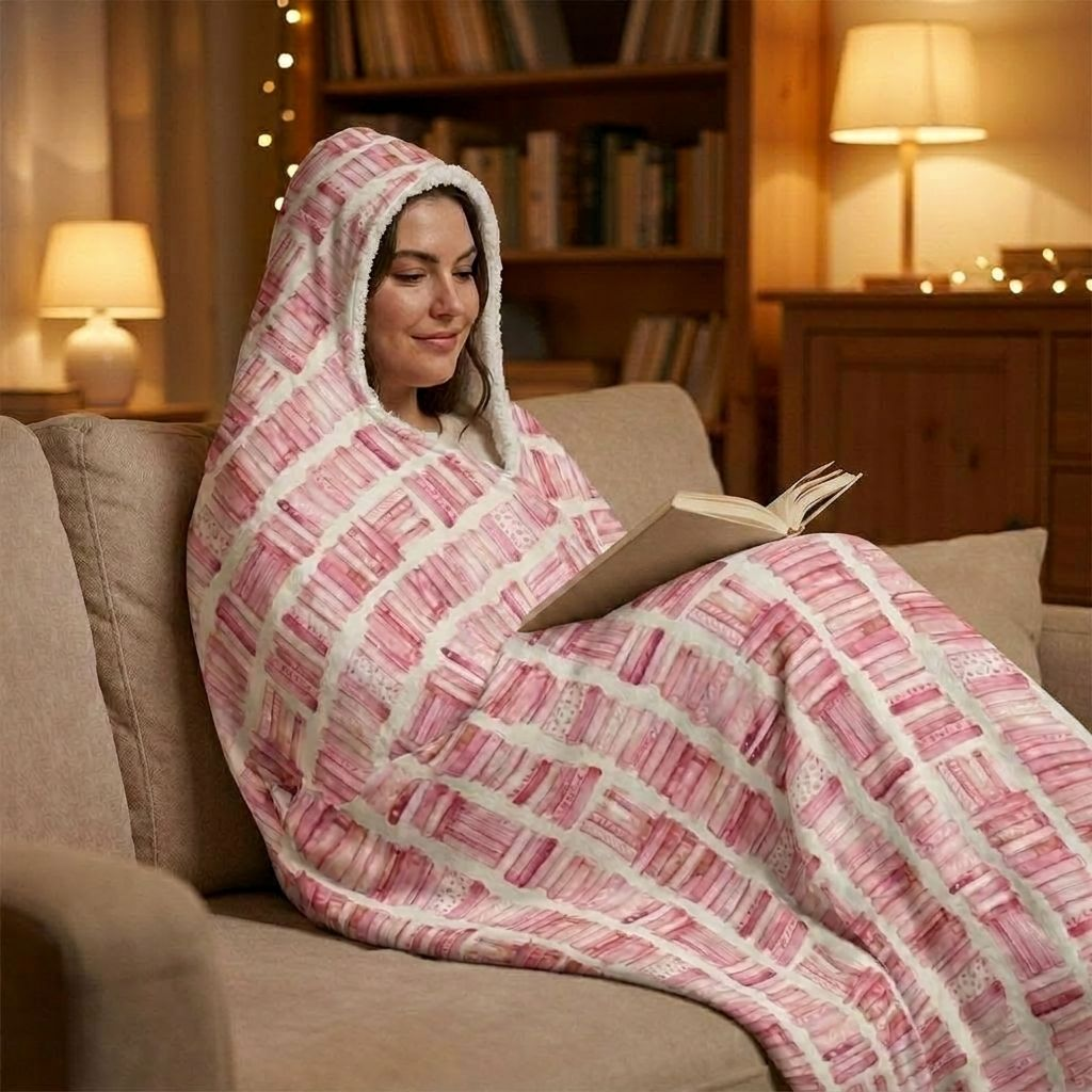 Fleece Pink Watercolour Books Hooded Blanket - Cozy Snuggle Throw for Home & Gifts