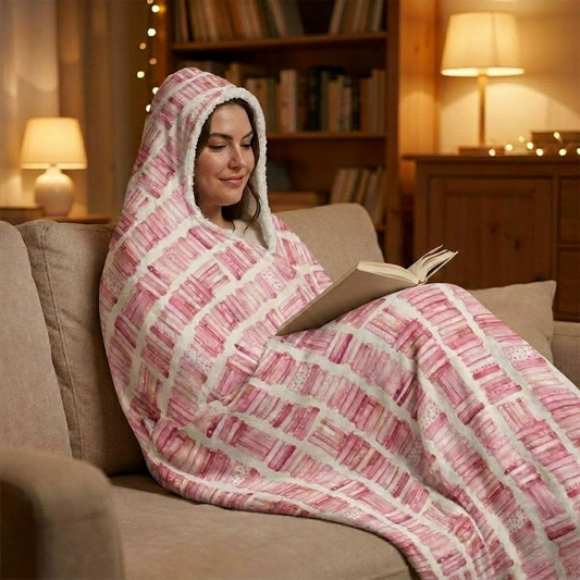 Fleece Pink Watercolour Books Hooded Blanket - Cozy Snuggle Throw for Home & Gifts