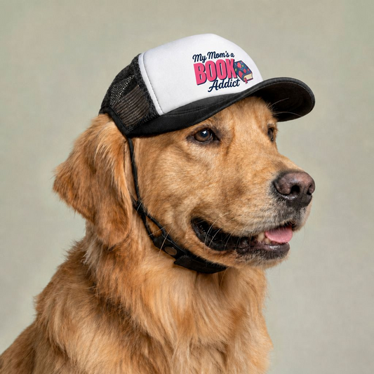 Dog Trucker Hat - "My Mom's a Book Addict" Embroidered Foam Front