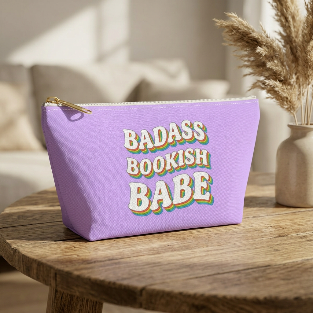 "Badass Bookish Babe" Accessory Pouch — Lavender T‑Bottom Makeup & Book Lover Organizer