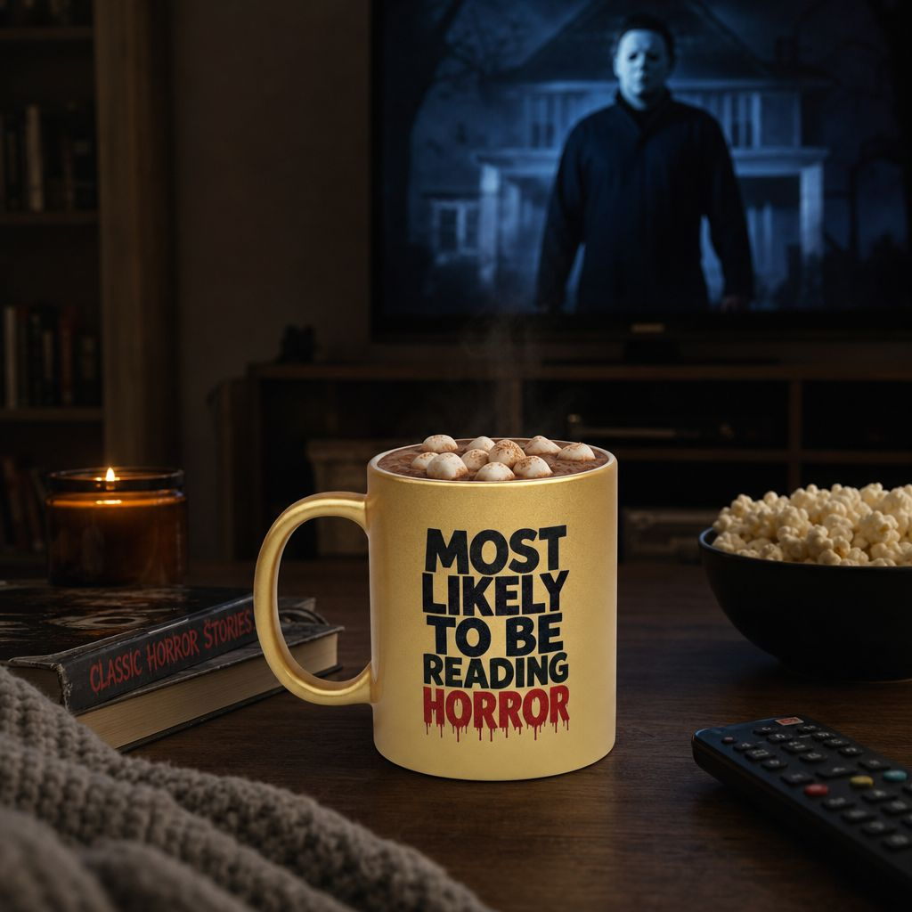 Metallic Mug — “Most Likely to Be Reading Horror” Gold Coffee Cup for Horror Fans