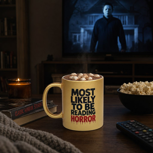 Metallic Mug — “Most Likely to Be Reading Horror” Gold Coffee Cup for Horror Fans