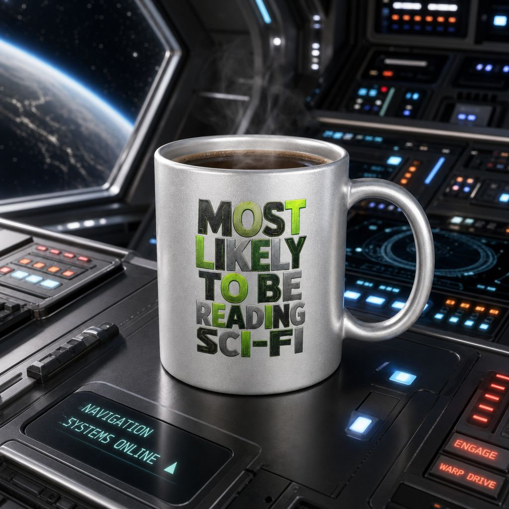Metallic Mug — "Most Likely to Be Reading Sci‑Fi" Silver Novelty Coffee Cup
