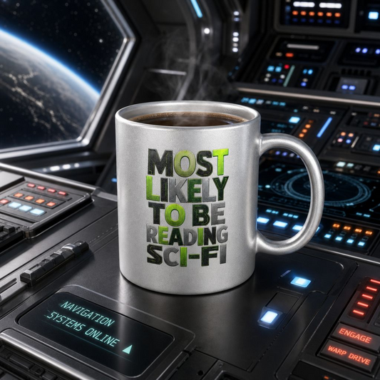 Metallic Mug — "Most Likely to Be Reading Sci‑Fi" Silver Novelty Coffee Cup