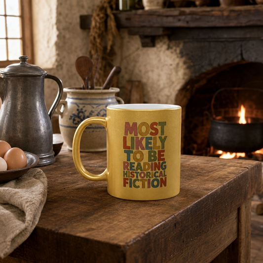 Metallic Mug — "Most Likely to Be Reading Historical Fiction" Gold Coffee Cup