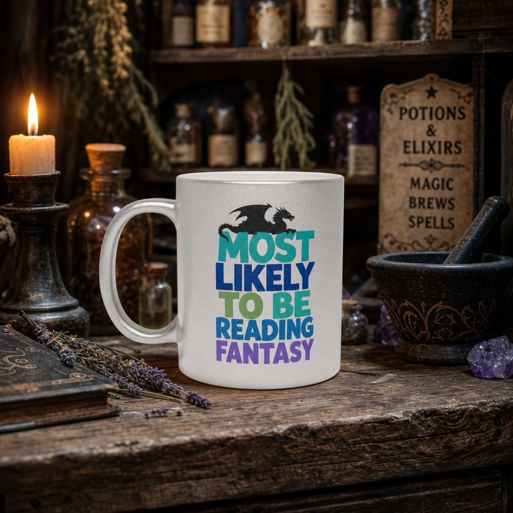 Metallic Mug — "Most Likely to Be Reading Fantasy" Silver Coffee Cup for Fantasy Lovers