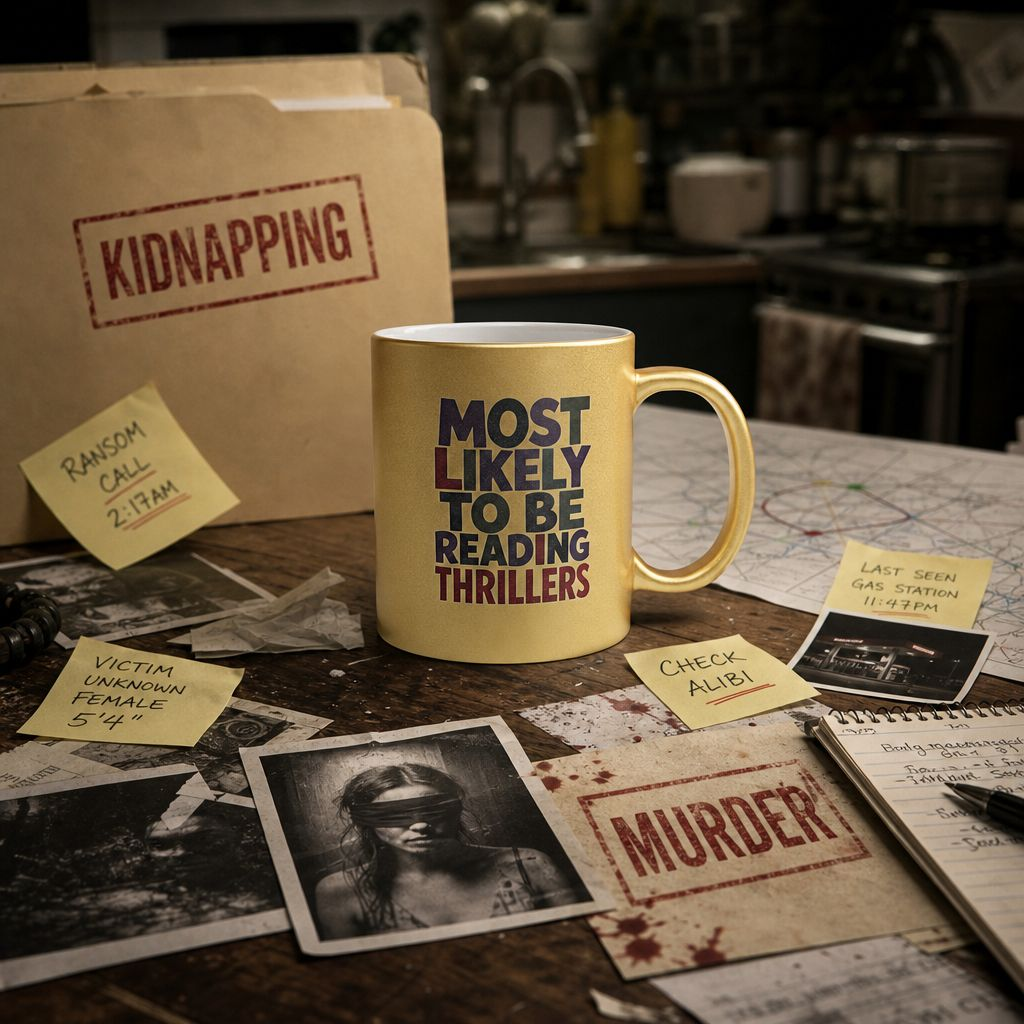 Metallic Mug — “Most Likely to Be Reading Thrillers” Gold Coffee Cup for Thriller Lovers