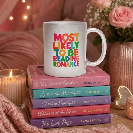 Metallic Mug — "Most Likely to Be Reading Romance" Silver Coffee Cup for Romance Lovers
