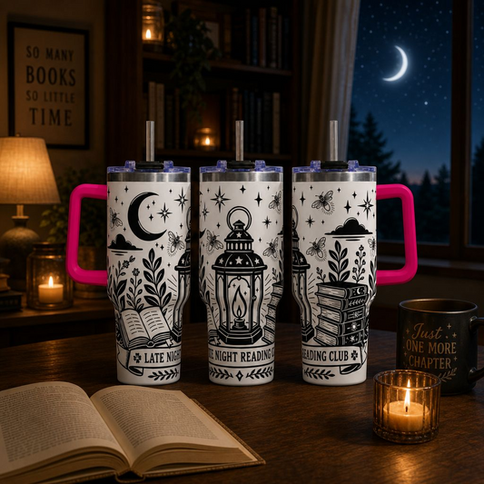 40oz Vacuum Tumbler — "Late Night Reading Club" Lantern & Moon Book Lover Travel Mug