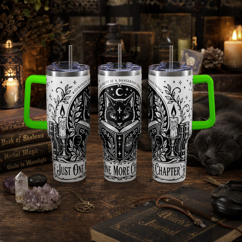 40oz Vacuum Tumbler — Black Cat "Just One More Chapter" Bookish Travel Mug