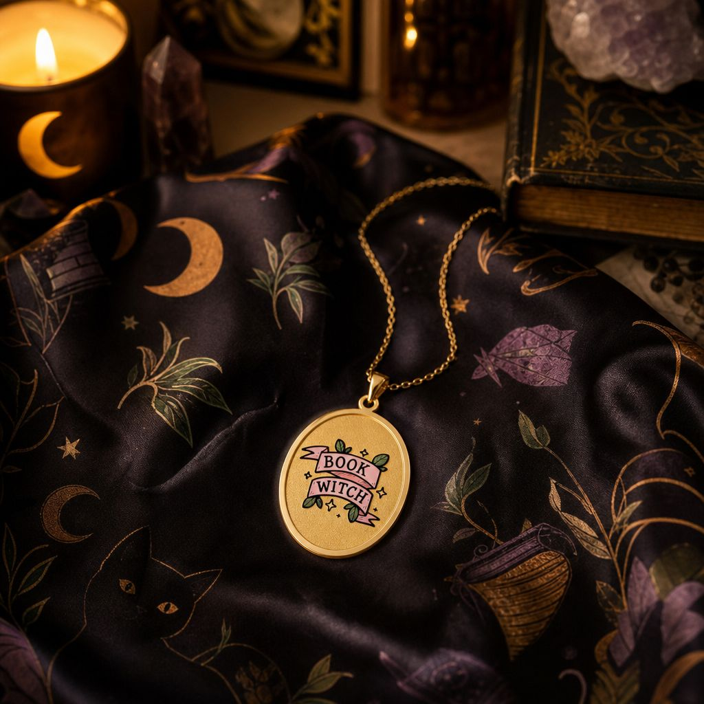"Book Witch" Oval Pendant Necklace — Literary Witchcraft Charm