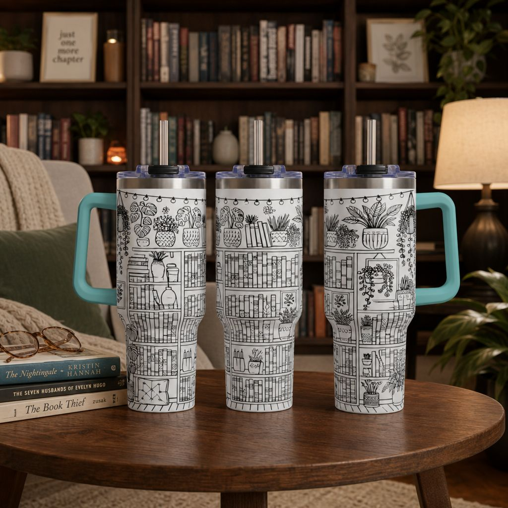 40oz Booklover Vacuum Tumbler – Illustrated Bookshelf Design