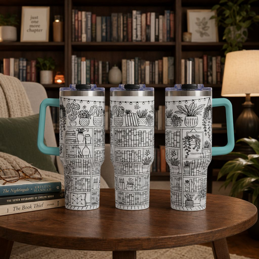 40oz Booklover Vacuum Tumbler – Illustrated Bookshelf Design
