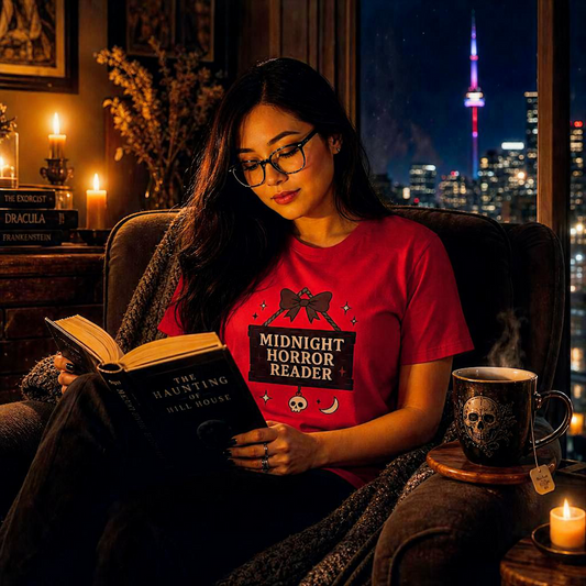 Lightweight Fabric - "Midnight Horror Reader" T-Shirt — Spooky Book Lover Graphic Tee